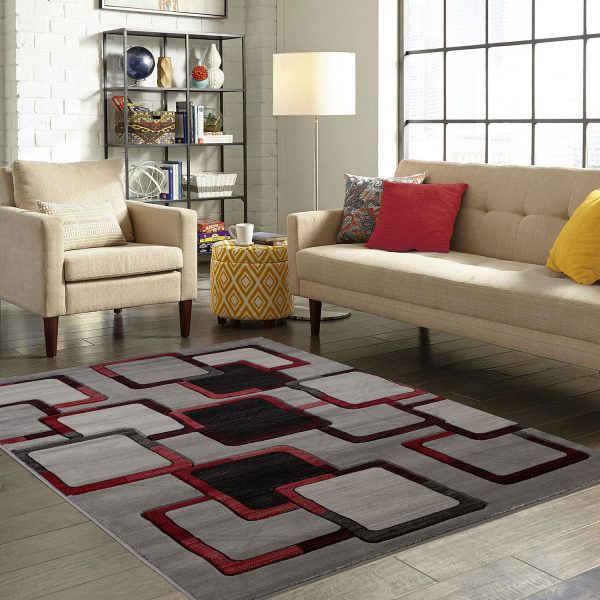 GROR23 HUSH Modern Squares Rug Red