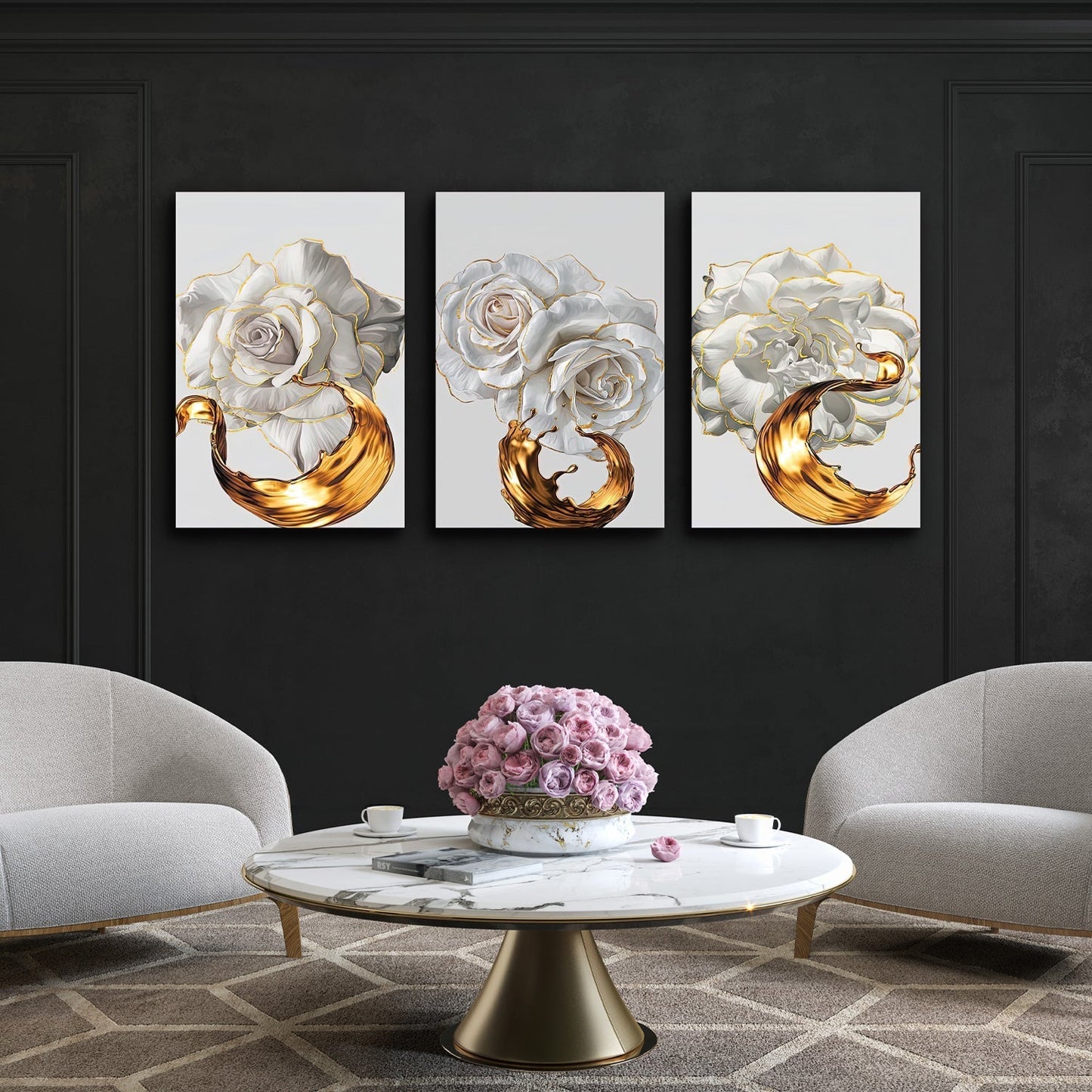 SULC-27 LETO White Rose With Golden Edge Modern Wall Art TG