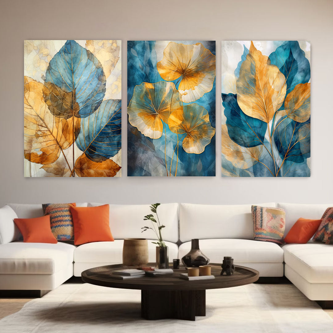 NC-74 TERRA Golden Blue Foliage Modern Acrylic Wall Art