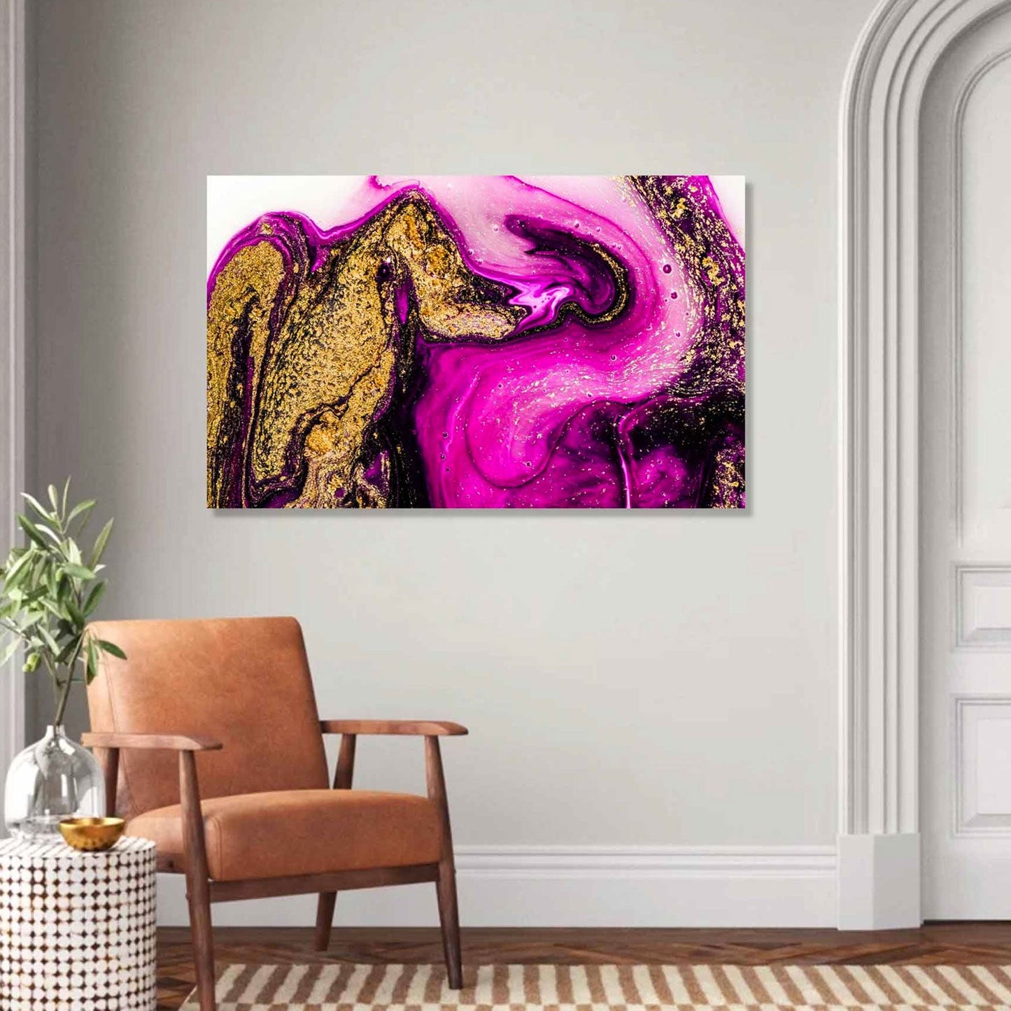 SU-82008 LUSTER Fuchsia and Gold Abstract Tempered Glass Print