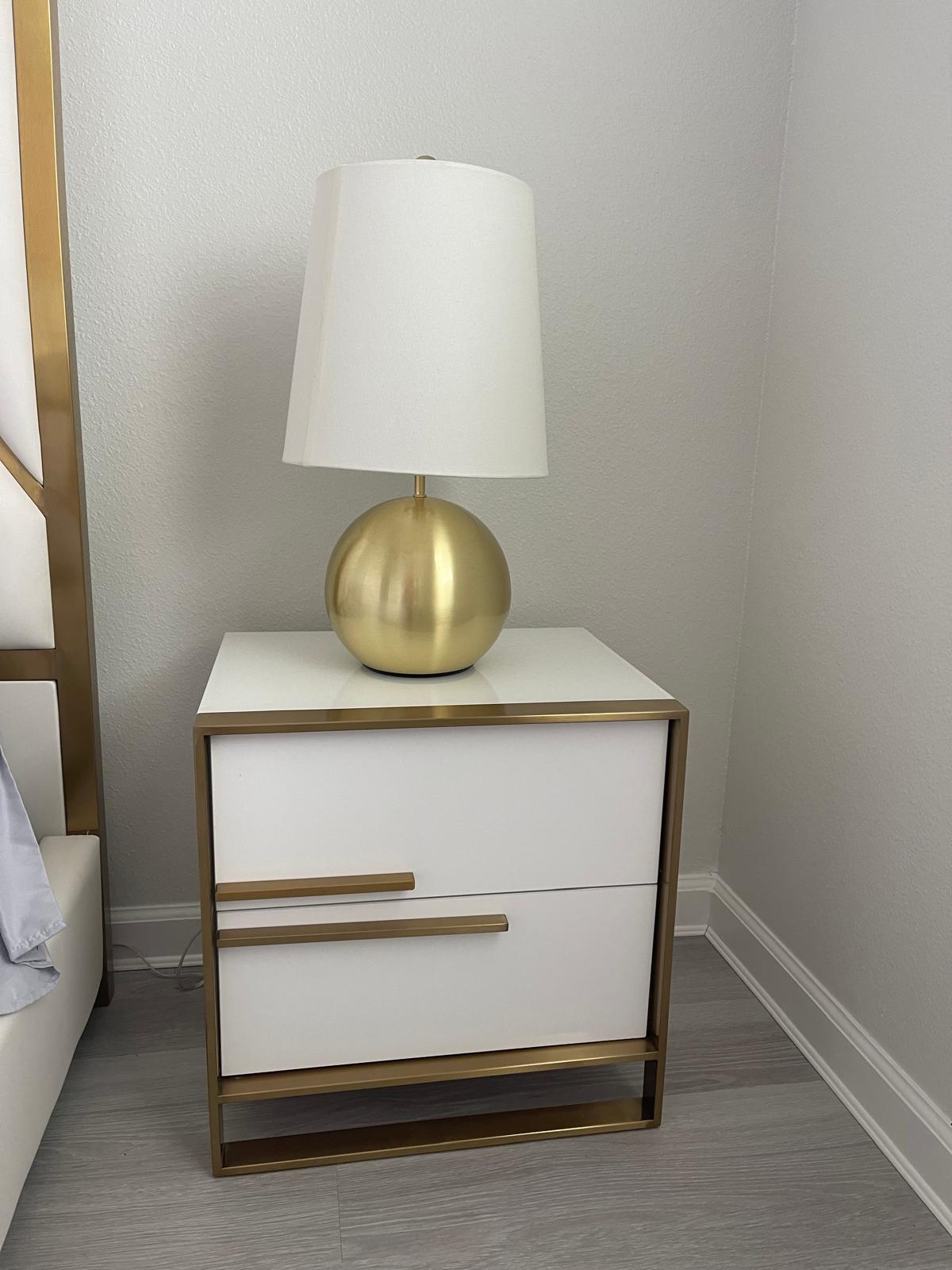 ZIENA Cabinet, Night Stand, Glossy White, Tempered Glass Top, Matt Gold