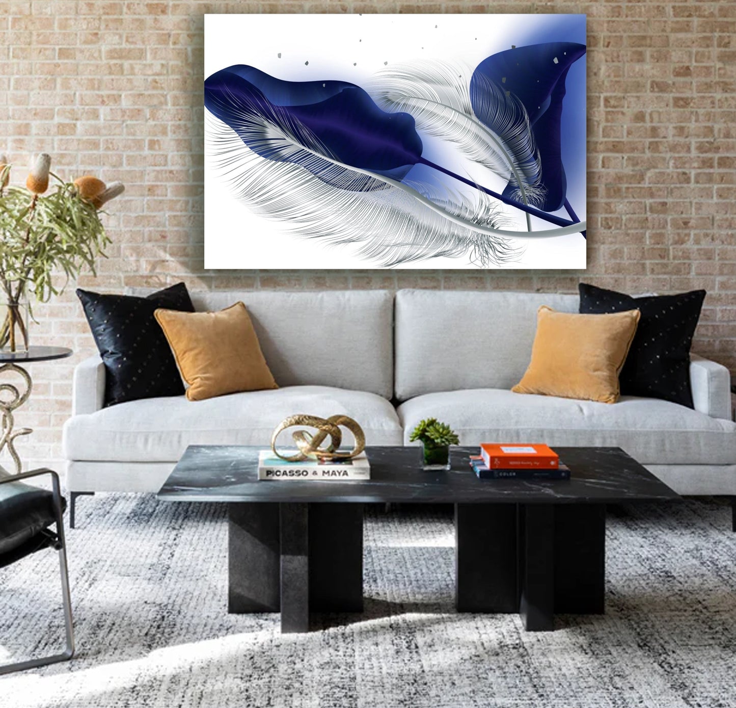 SULC-42 LEAVES SILVER, Blue/Light Blue Feather Modern Wall Art TG