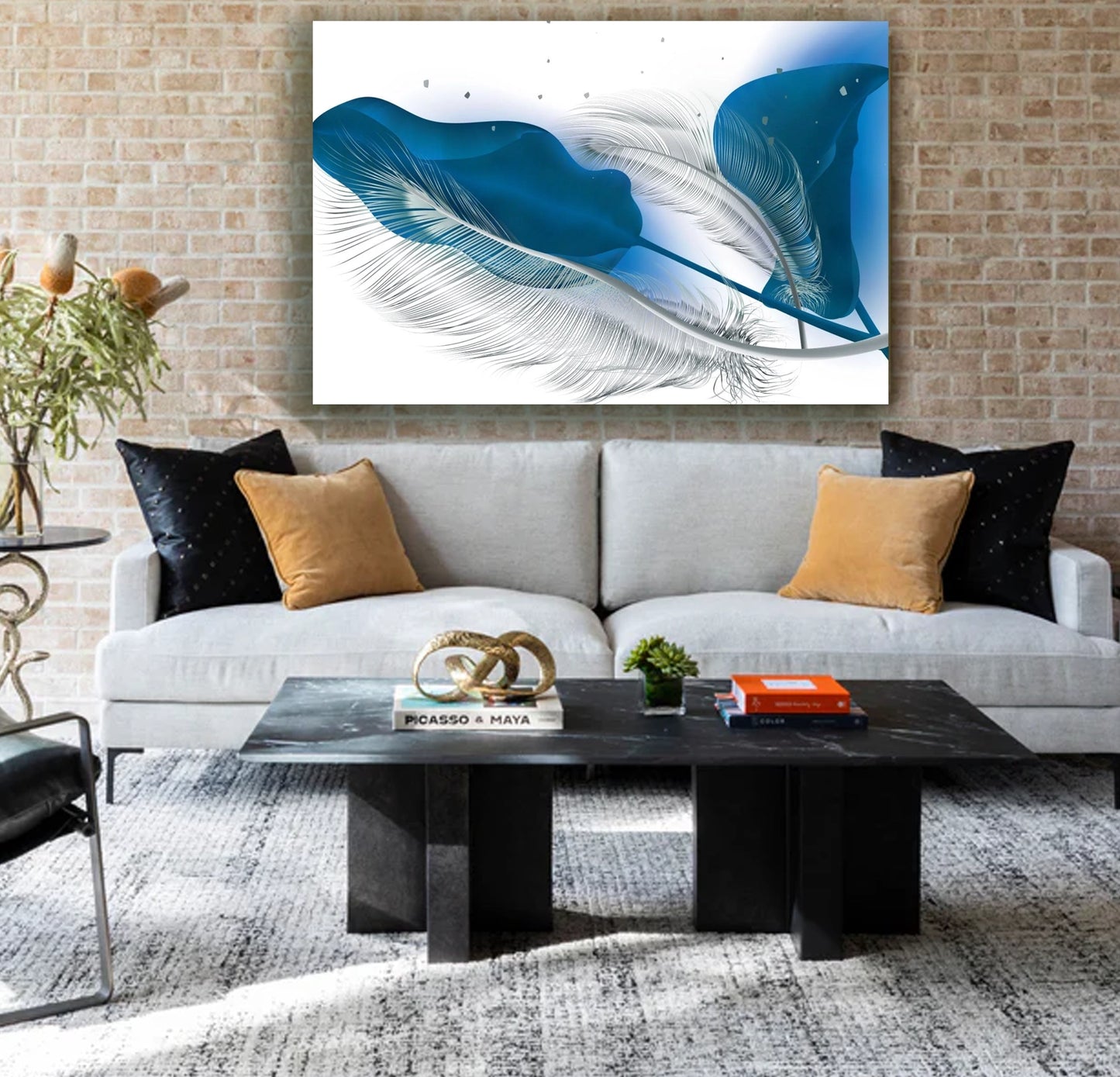 SULC-42 LEAVES SILVER, Blue/Light Blue Feather Modern Acrylic Wall Art