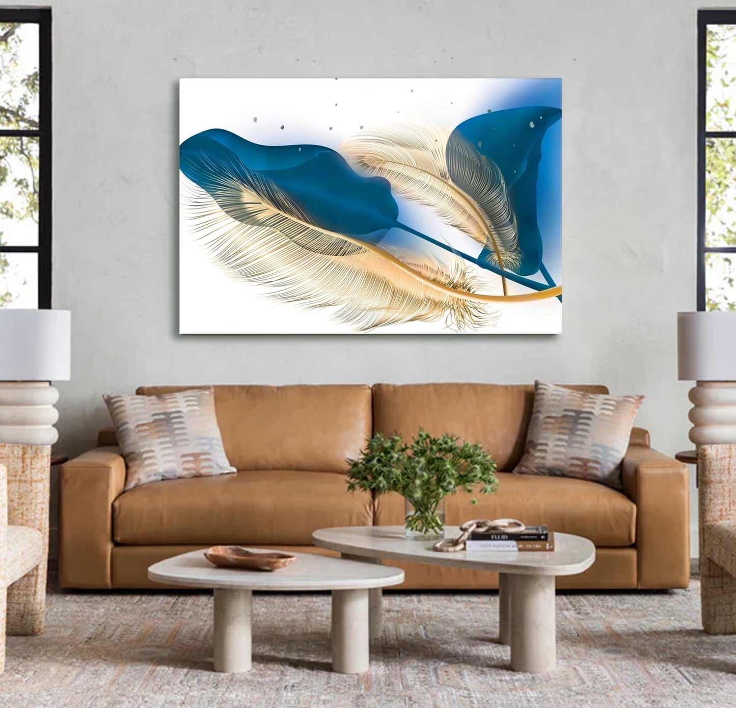 SULC-42 LEAVES SILVER, Blue/Light Blue Feather Modern Wall Art TG