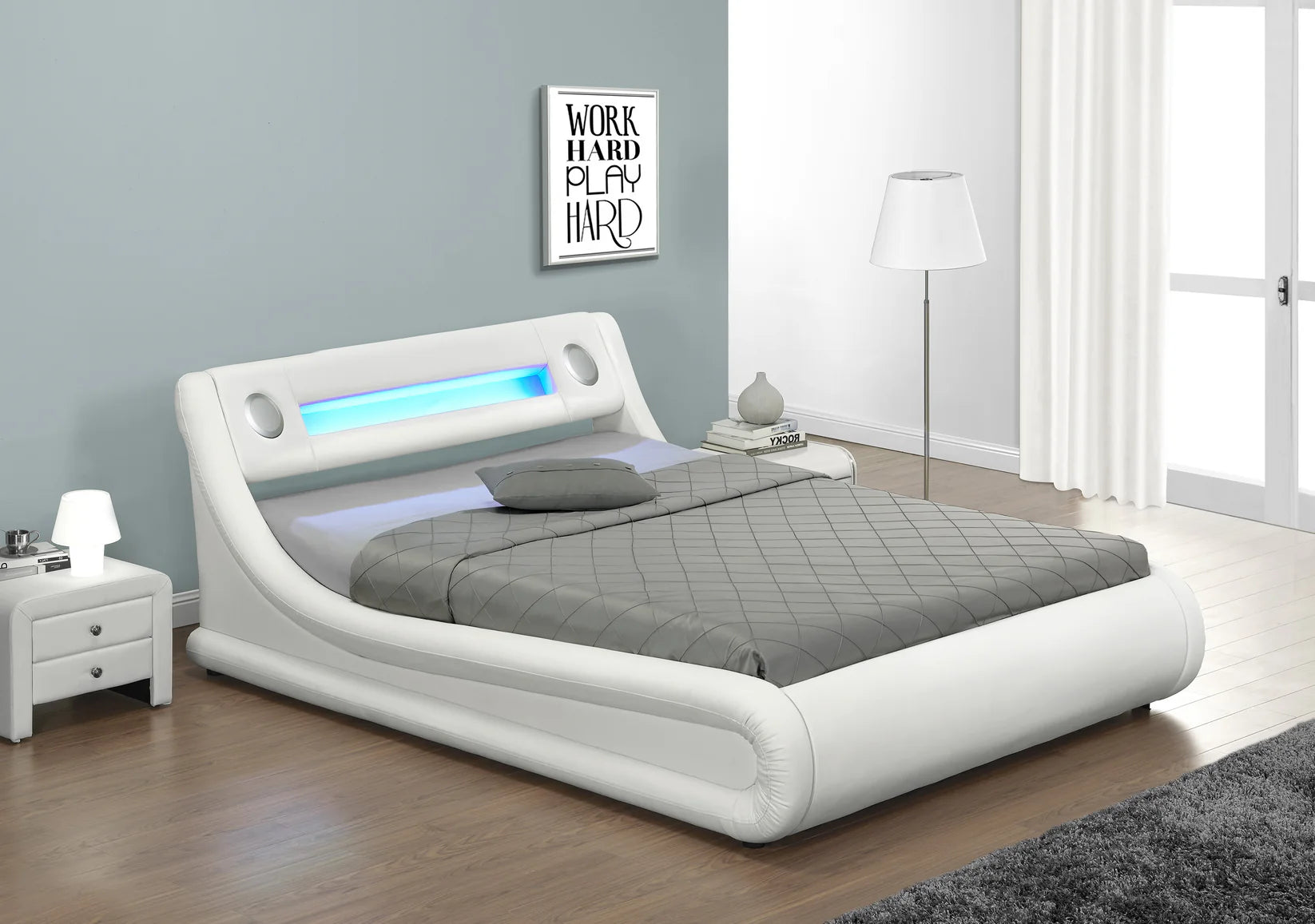 WI-1138 SPEAKERS LED Lights Storage White Bed with Bluetooth Q/F ...