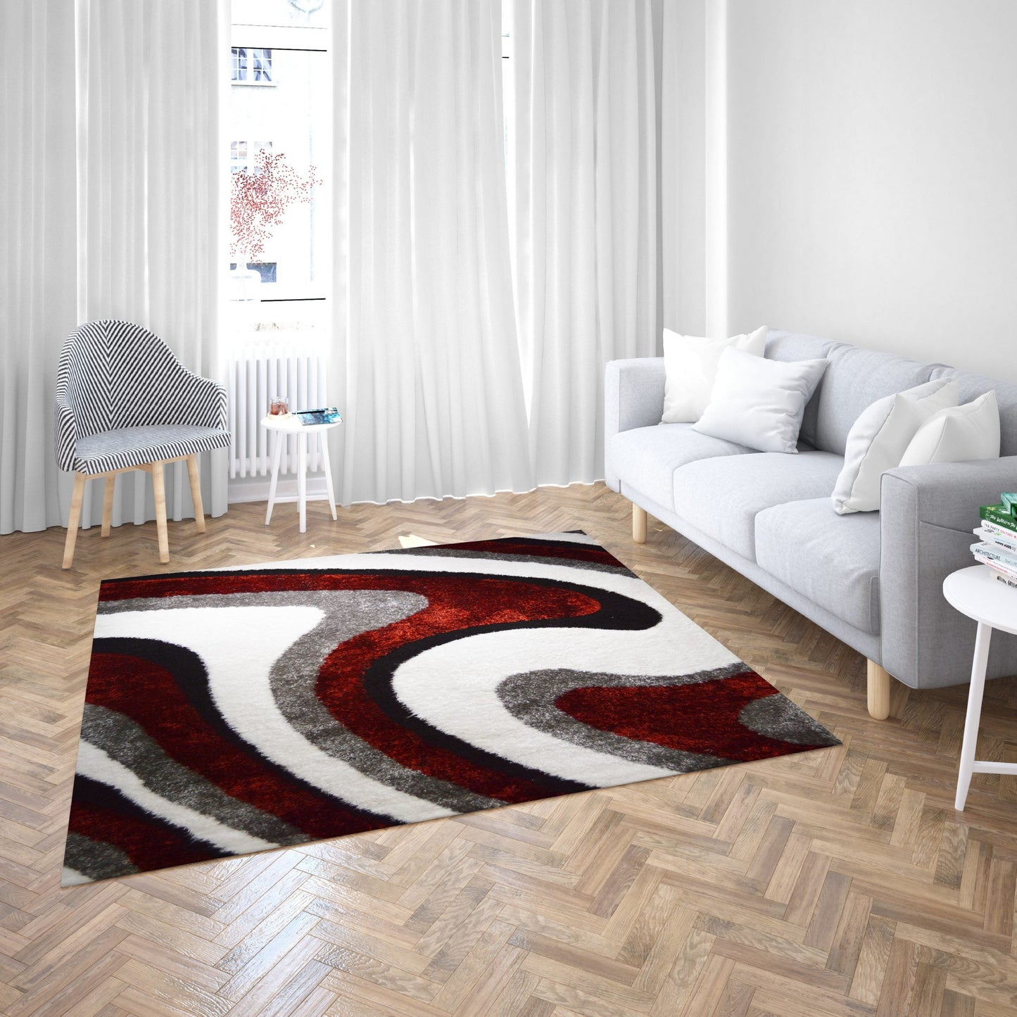 GR-1009 3D SHAGGY Rug white, grey and red Winding Pattern