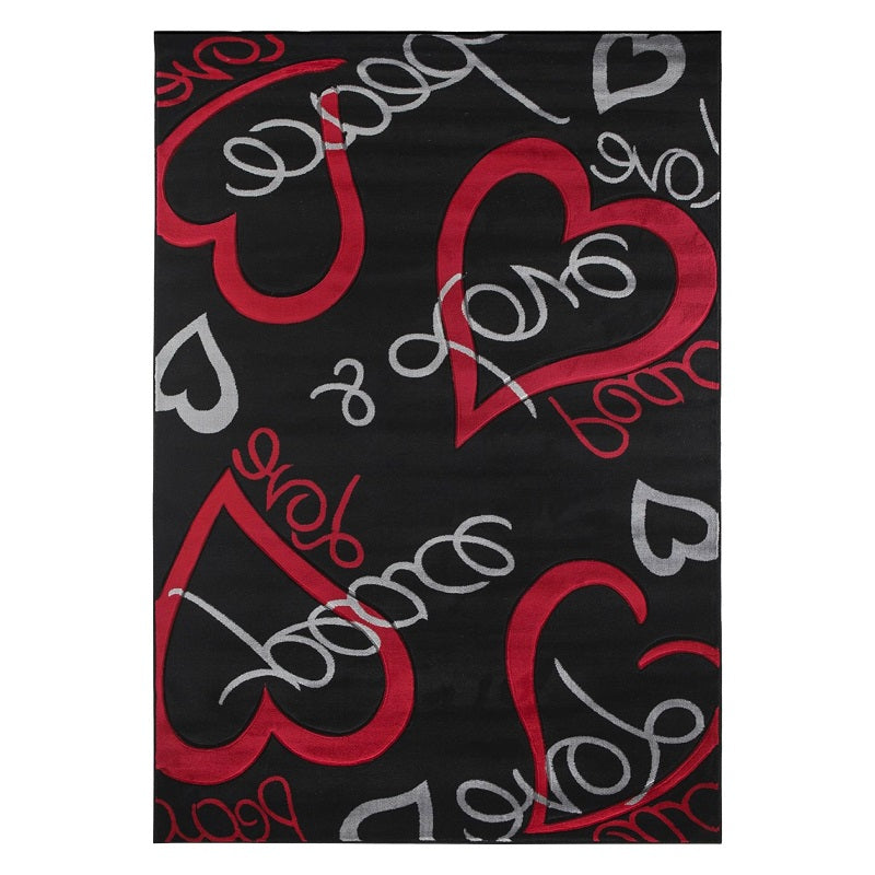 LOVE PEACE Black Red Polypropylene Area Rug