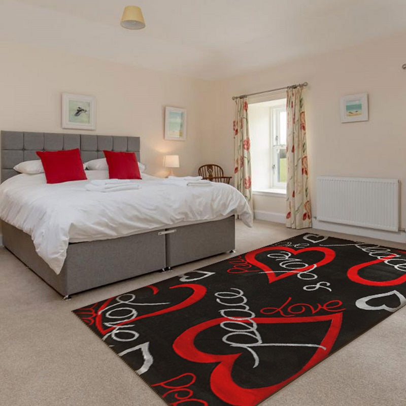 LOVE PEACE Black Red Polypropylene Area Rug