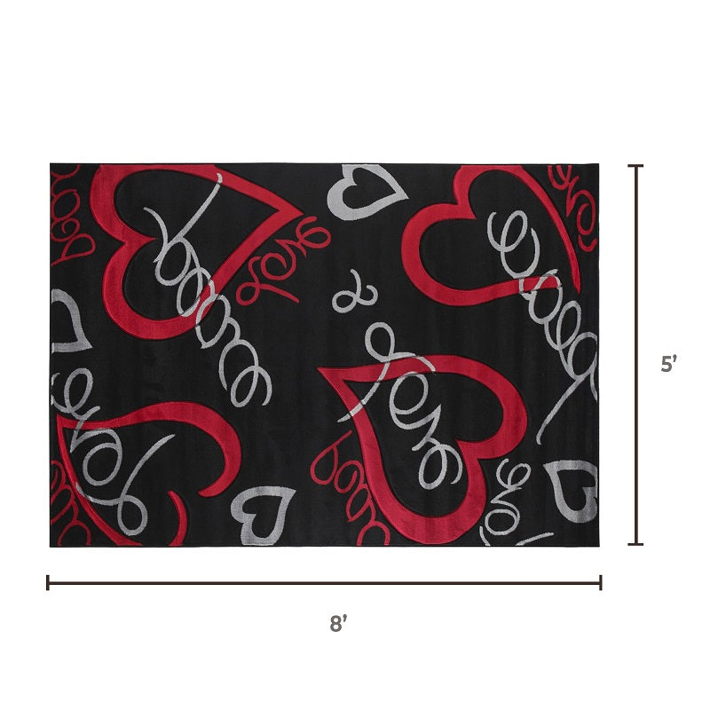 LOVE PEACE Black Red Polypropylene Area Rug