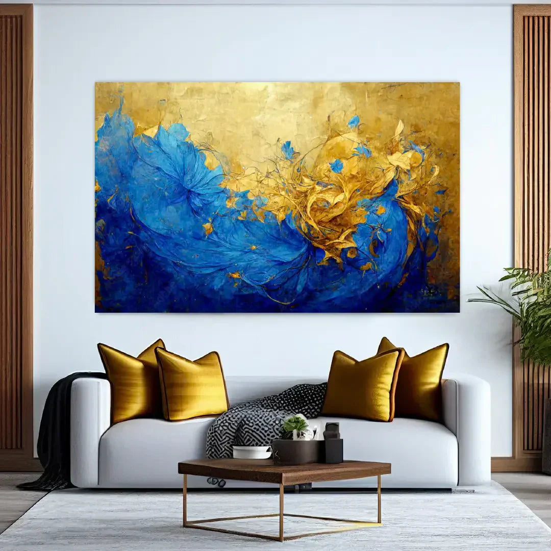 HARMONY Blue and Gold Blossom Modern Wall Art TG