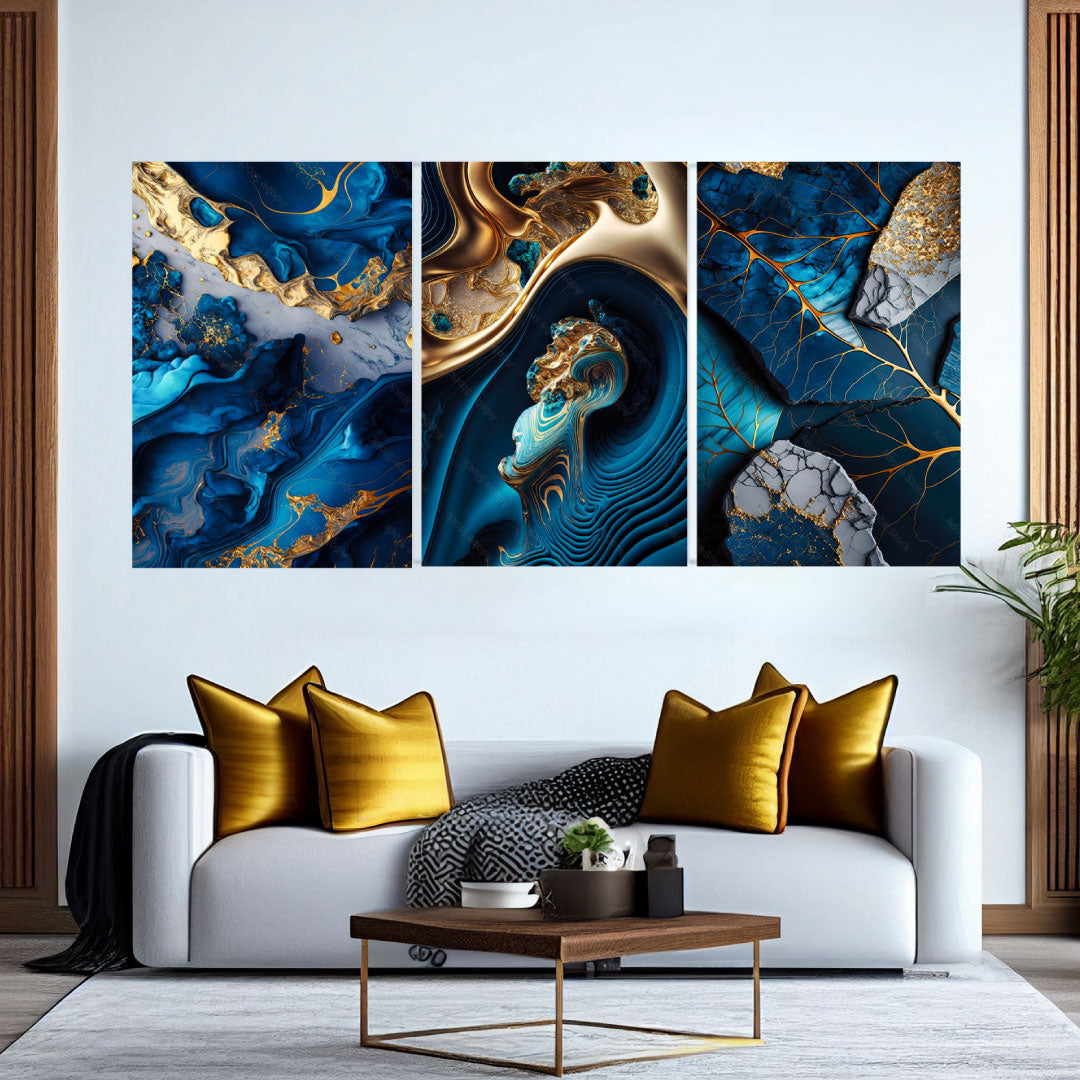 RHEA Blue And Gold Abstract Swirls Modern Acrylic Wall Art