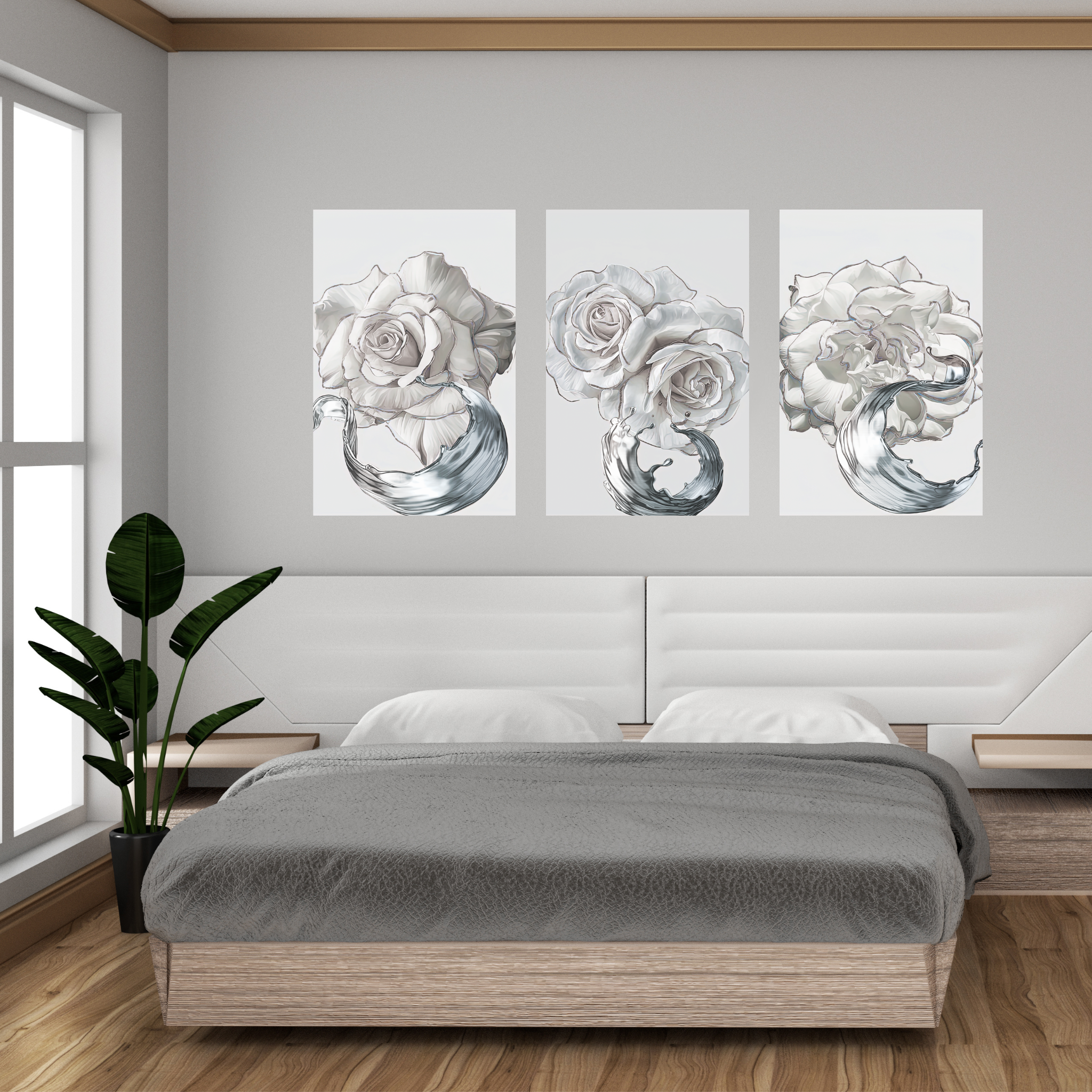 SULC-27 LETO White Rose With Silver Edge Modern Wall Art TG – GrakoDesign