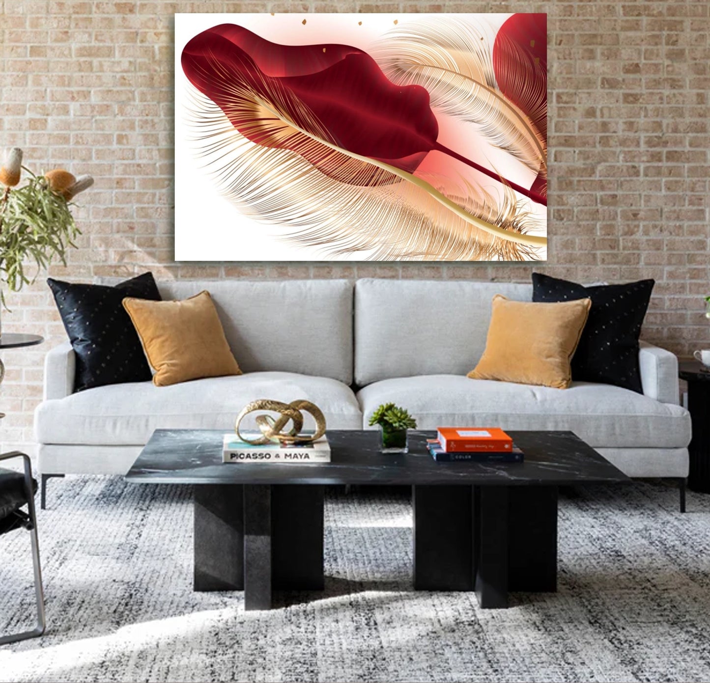 LEAVES GOLD, Black/Red/Blue/Turquoise Feather Modern Acrylic Wall Art