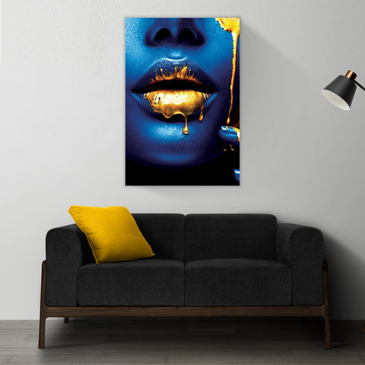 VELVET KISS Blue Woman Gold Accents Modern Wall Art TG