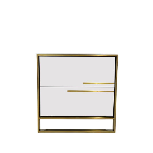 ZIENA Cabinet, Night Stand, Glossy White, Tempered Glass Top, Matt Gold